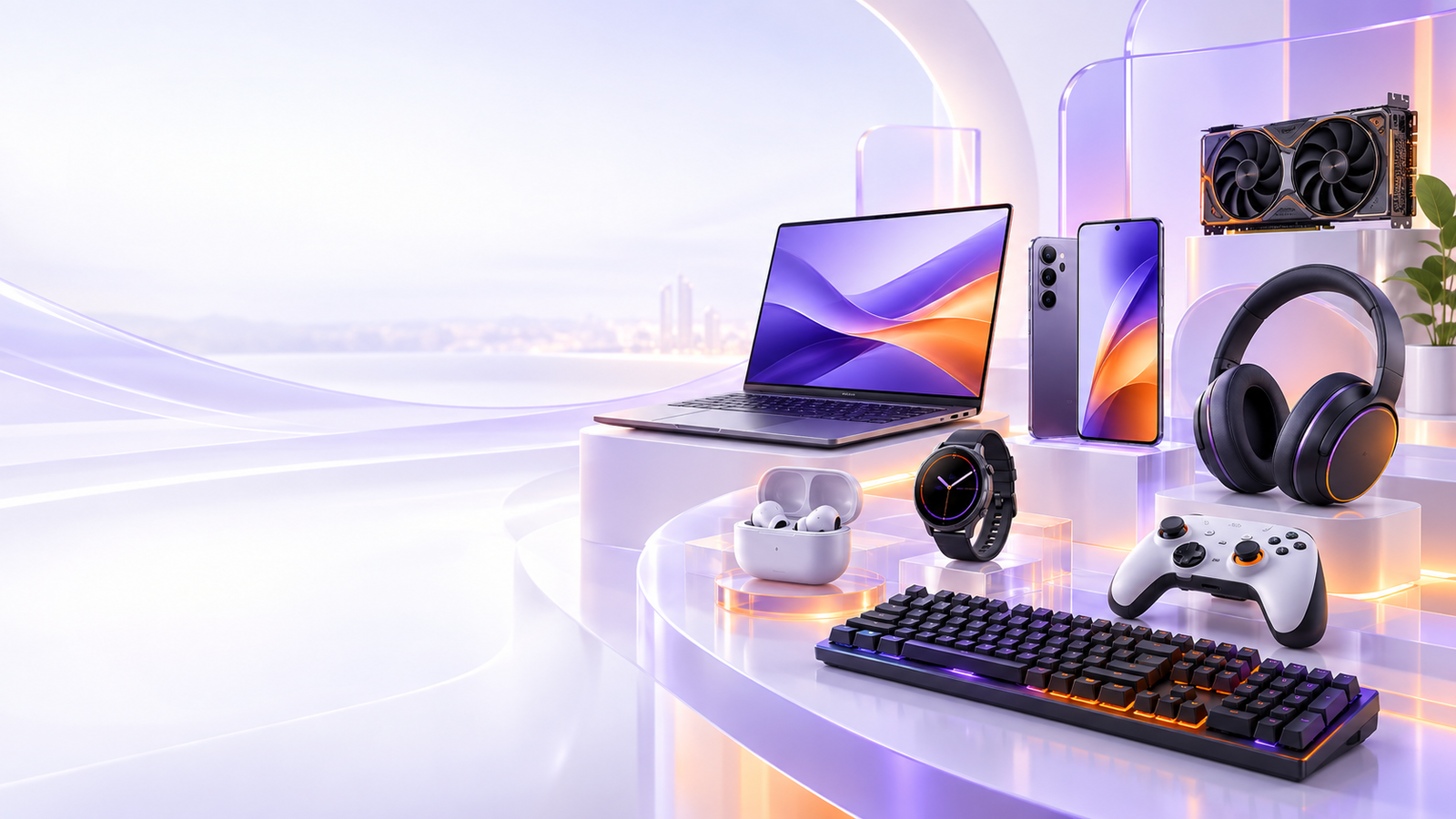 Laptop, phones, headphones and gaming accessories in a purple and orange studio